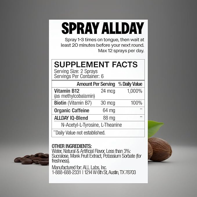Caffeine Spray, Promotes Focus and Energy (Peach Snap, 8 Bottles, 96 Sprays) | 32mg Natural Caffeine per Spray | Pocket-Size Energy Shot/Drink - Formulated with L-Theanine, Vitamin B12, & Vitamin D