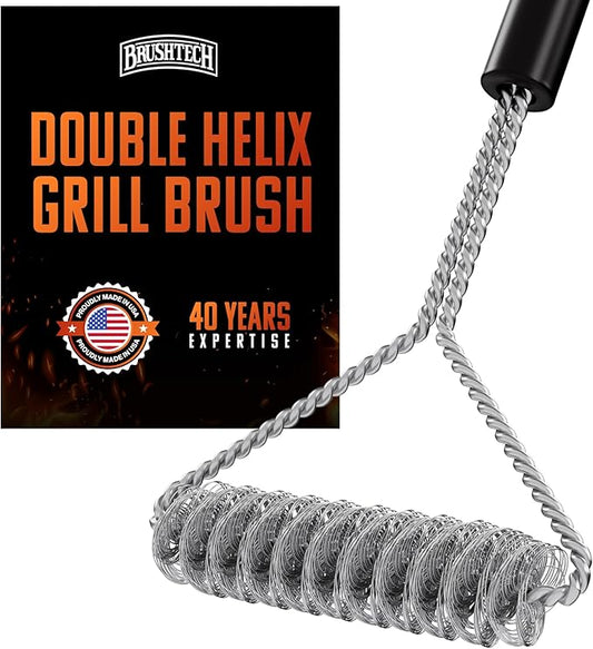 Brushtech Double Helix Grill Brush, 16″ Flat BBQ Grill Cleaner - Bristle‑Free Coil Springs Clean Tops & Sides - Stainless Steel, Long Reach Handle, Heavy‑Duty BBQ Tool for Gas & Charcoal Grates