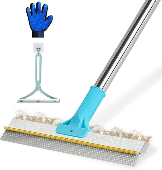 Carpet Rake for Pet Hair Removal - 54" Adjustable 2 in 1 Carpet Broom with Copper Rake Scraper & TPU Brush, Reusable Cat Dog Hair Remover Tool for Deep Cleaning Carpets, Rugs, Mats, and Stairs (Blue)