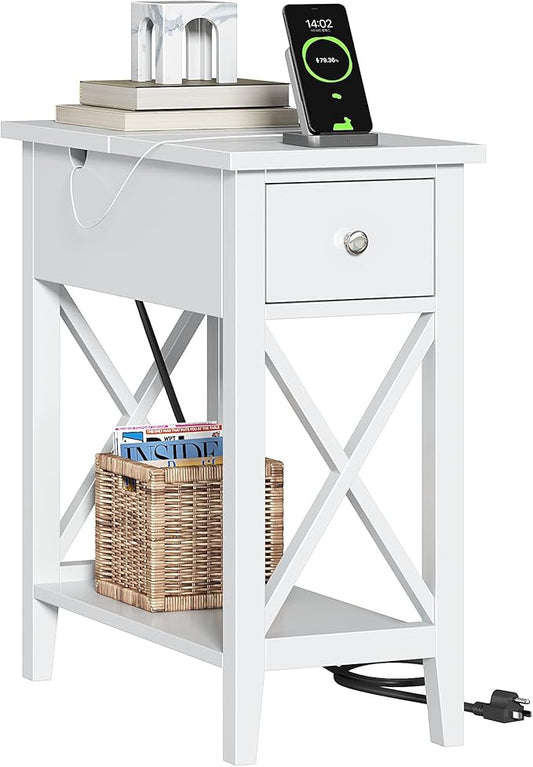 ChooChoo End Table with Charging Station, Narrow Side Table with USB Ports and Outlets, Nightstand with Drawer, for Small Spaces, Bedside Tables for Living Room, White