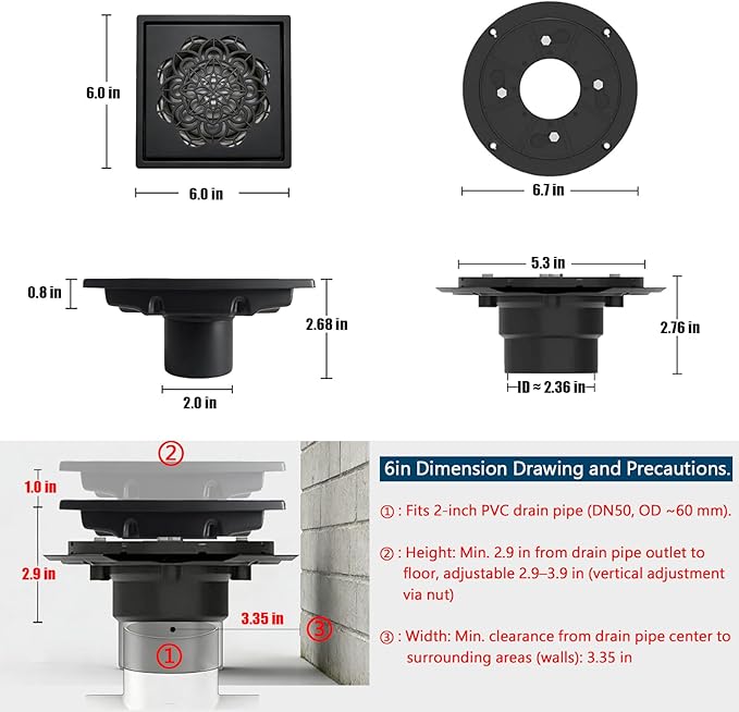 6 Inch Shower Drain, Square Shower Floor Drain Kit with Flange and Removable Cover Grate, AISI 304 Stainless Steel, Matte Black