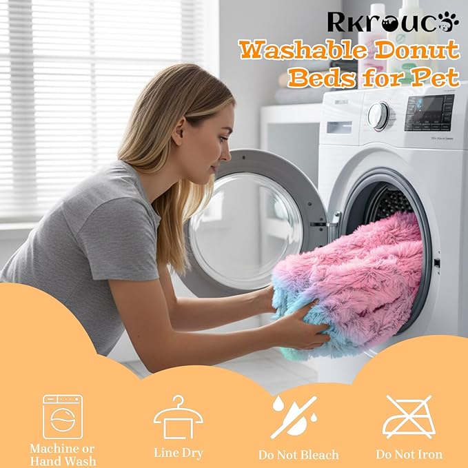 Fluffy Dog Bed Calming Donut Beds for Large Dogs Warming Round Small Medium Pet Nest Cozy Cat Mattress Indoor Washable Puppy Kennel Kittens Sleep Mat (XL, 43.3×43.3 inch, Rainbow)