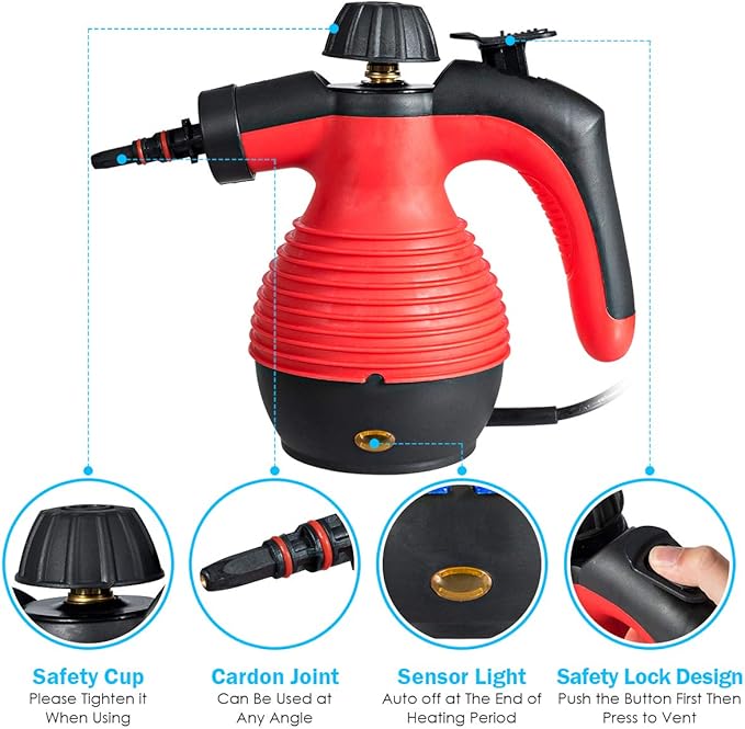 GOFLAME Steam Cleaner 1050W Handheld Multi-Purpose Powerful Steam, Sanitizer, Steamer, Steam Iron, Remove Stains/Grease from Bathroom, Kitchen (Red)