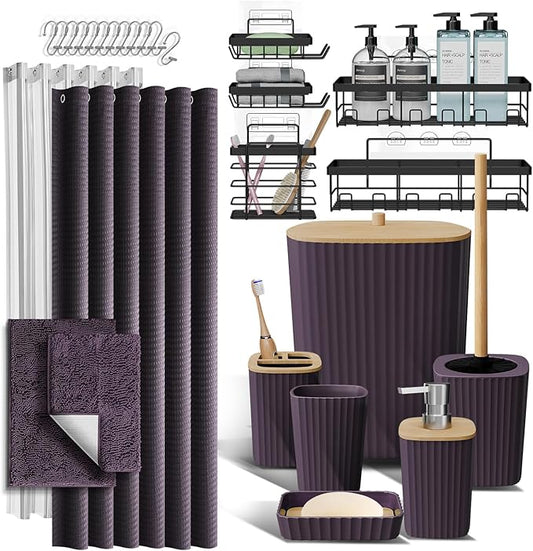 Clara Clark Bathroom Accessories Set - 27PC Bathroom Set with Adhesive Corner Shower Caddy Hanging, Bathroom Sets with Shower Curtain and Rugs, Purple Shower Curtain Set with Bathroom Trash Can