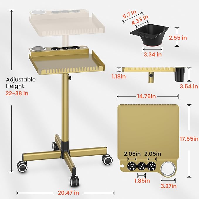 TASALON Gold Salon Tray on Wheels – Salon Rolling Tray Set with Magnetic Hair Dye Bowl, Heat-Resistant Tool Rack, Hair Extension Holder for Styling, Rolling Tool Cart & Hair Salon Station Organizer