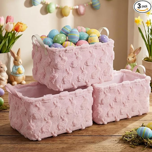 Kathfly Pink Rabbit Storage Baskets Easter Bunny Laundry Basket Plush Faux Fur Jacquard Design with Handles Waterproof Storage Bins Fabric Shelf Baskets for Easter Party Decorations