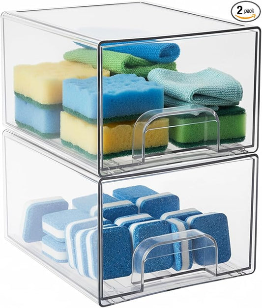 2 Pack Laundry Pods Container, Stackable Laundry Room Organization Storage Drawers, Dryer Sheet Container, Detergent Holder with Pull Handle, Bathroom Organization, Clear