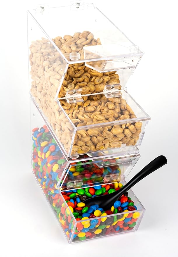 Candy Bin Topping Dispenser - Acrylic Bulk Sprinkle Container with Scoop, Stackable & Magnetic for Multiple Holders - For Cereal, Nuts, Candies & Snack Food Storage - 2 Pack