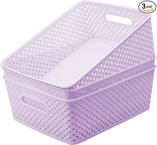 MaxGear Organization and Storage 3 Packs, Plastic Bins Organizer Bin, Woven Baskets for Storage, Plastic Baskets with Handles, Purple Basket for Organizing, Basket Organizer for Home and Office, Large
