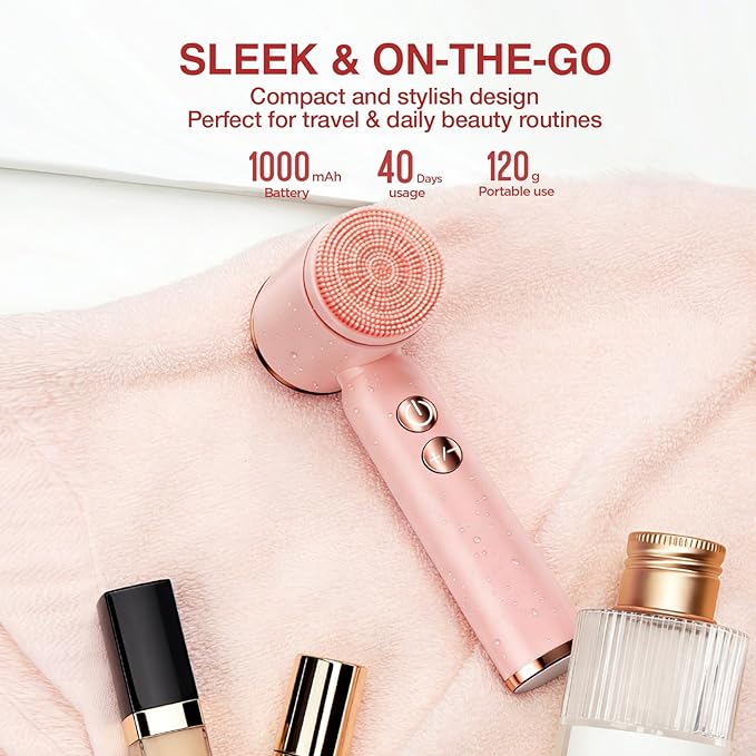 Electric Face Scrubber & Facial Cleansing Brush - 6-in-1 Exfoliating Face Scrubber Kit, 3 Speeds, IPX6 Waterproof Face Brush for Deep Cleaning, Massage & Gentle Exfoliation-Pink
