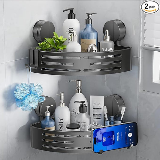 ONXE Suction Cup Shower Caddy,No Drilling Corner Shower Shelves Heavy Duty,Shower Organizer with Hooks,Rustproof Waterproof Space Aluminum Bathroom Storage,Home Accessories Decor