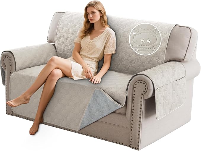 PrinceDeco Loveseat Covers for 2 Cushion Couch Waterproof Sofa Covers for Love seat, Machine Washable Quilted Couch Covers, Pet Friendly Slipcovers (Loveseat 48",French Oak)
