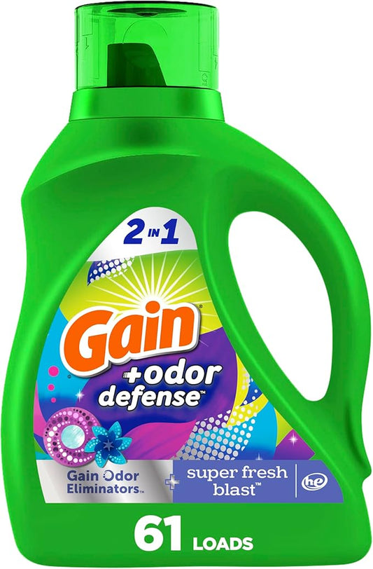 Gain Odor Defense Liquid Laundry Detergent, Super Fresh Blast Scent, 88 fl oz, 61 loads, 2 in 1, Laundry Detergent Liquid Soap, HE compatible