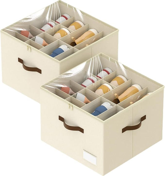 Shoe Organizer for Closet, 2 Pack Shoe Organizer with Clear Cover, Closet Shoe Storage Containers w/Adjustable Dividers, Foldable Storage Bins for Shoes, Fits 16-32 Pairs, Beige