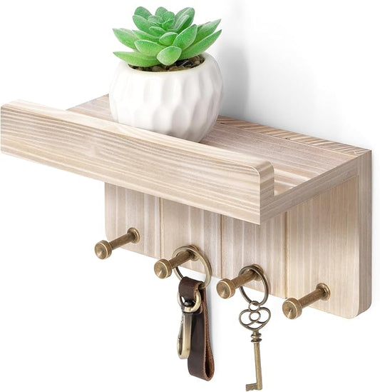 Rebee Vision Farmhouse Key Holder Wall Mount - Key and Mail Holder for Wall with Mini Floating Shelf and 4 Key Hooks - Perfect for Apartment Essentials (Natural Wood)