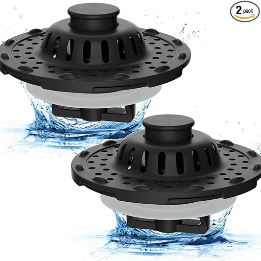 Metal 2 Pack Bathtub Drain Stopper with Top Hair Catcher, 3 in 1 Pop-up Bathtub Strainer, Tub Stopper with Detachable Stainless Steel Filter Basket for Standard 1.5 to 2.4'' Drain, Matte Black