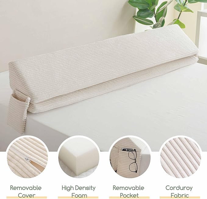 HIGOGOGO Queen Size Wedge Pillow for Headboard Gap - Multi Functional Mattress Wedge Bed Gap Filler Close The Gap (0-7") Between Your Mattress and Headboard or Wall (Beige 60"x11"x9")