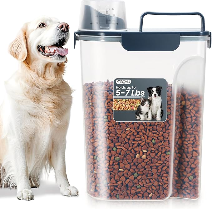 Dog Cat Food Storage Container 5-7 Lbs, Pet Food Container Airtight with Large Spout & Cup, BPA-Free Plastic Food Dispenser for Pet Food, Bird Seed, Rice, Flour (Dark Blue)