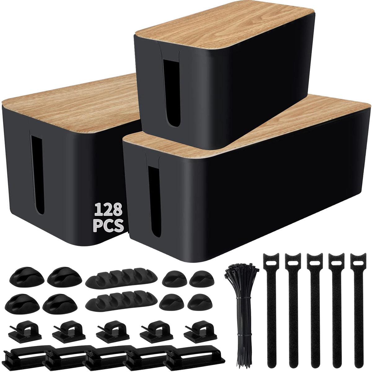 128PCS Cable Management Box 3Pack Cable Management Kit for Power Strip to Hide Wires,Cord Hider Boxes,Cord Box Safe ABS Material Wire Organizer of Cable Clips Sleeve for Home & Off