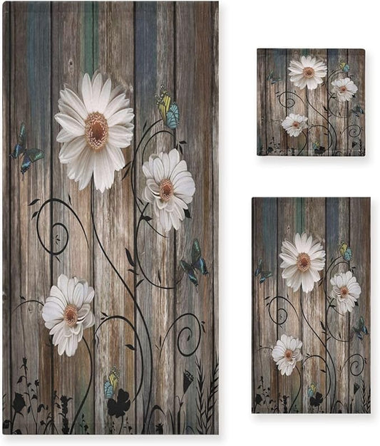 3 Piece Rustic Bath Towels Set,Microfiber Absorbent Beige Daisy Floral Butterfly Brown American Country Towels for Bathroom,1 Bath Towel,1 Hand Towel,1 Washcloth,Decorative Bathroom Towels