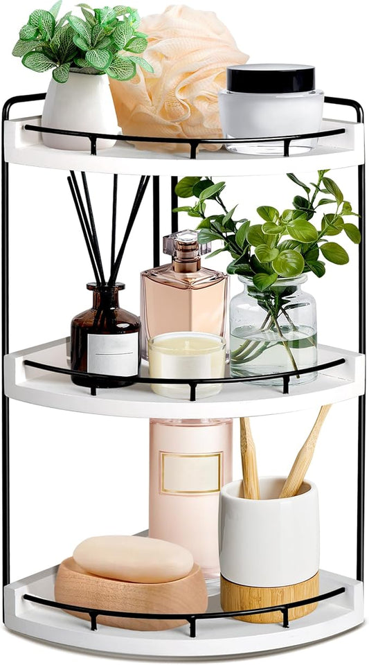 3 Tier Bathroom Counter Organizer, Bathroom Counter Tray and Vanity Organizer, Wood Corner Countertop for Kitchen, Dresser (White)