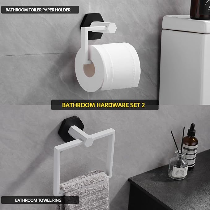 GERZWY Bathroom 2-Piece Hardware Set Stainless Steel Wall Mount - Towel Ring Toilet Paper Holder, White & Black