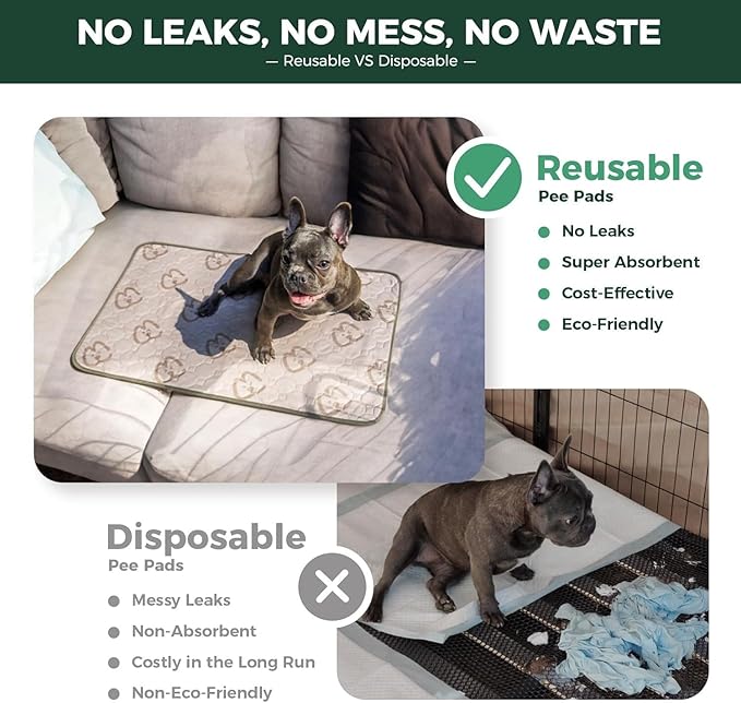 FXW Washable Pee Pads for Dogs, Puppy Pads with Super Absorbent, Specifically Designed for 18inch Cages, 11" x 17" Rectangle, Khaki, 4 Packs