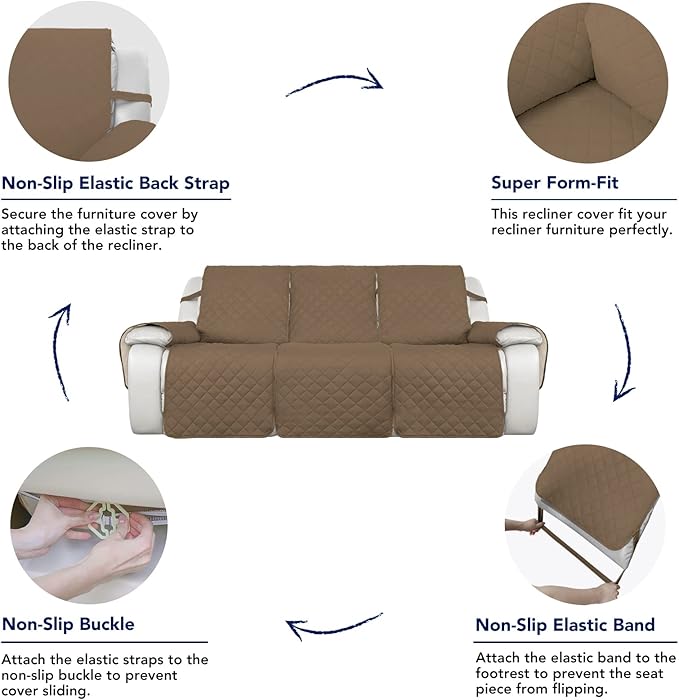 PureFit Water Resistant Reversible Sofa Covers for Reclining Sofa 3 Seat - Non Slip Split Recliner Couch Cover for 3 Cushion Couch, Washable Furniture Protector for Kids, Dogs (3 Seat, Camel/Ivory)