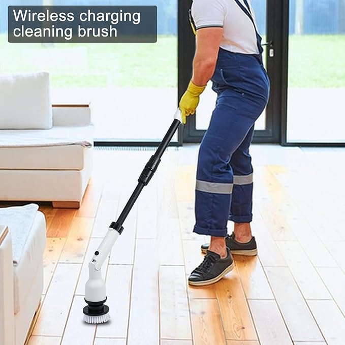Electric Spin Scrubber, Cordless Cleaning Brush Scrubber, Shower Scrubber with 4 Replaceable Heads, IPX7 Waterproof, Dual Batteries, Adjustable Telescopic Handle for Bathroom/Tile/Grout/Floor (White)