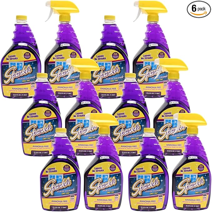 Sparkle Glass Cleaner 1 Spray Bottle 33.8 And 1 Refill 33.8, Ammonia-Free Original Formula Heavy Duty Glass Cleaner, Leaves No Streaks (67.6 Fl Oz,Pack of 6)