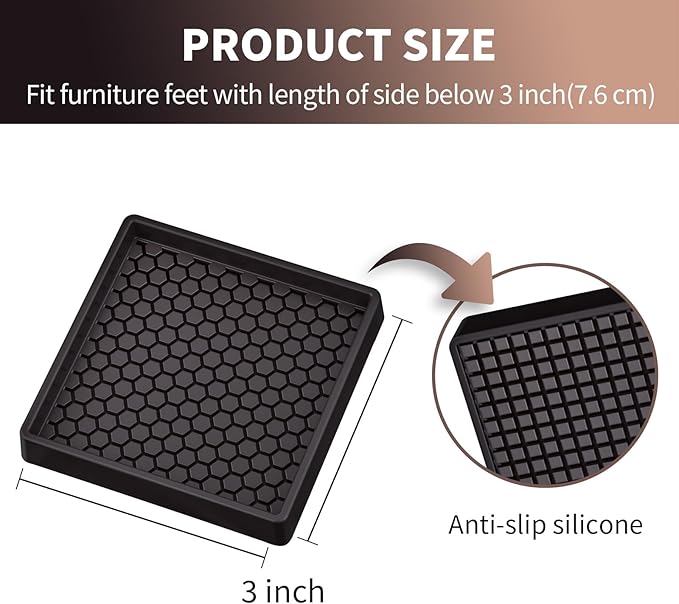 Ezprotekt 3x3” Square Rubber Anti Slip Furniture Pads Coasters for Hardwoods Floors, 4 Pcs Non Slip Furniture Caster Cups Floor Protectors for Sofa Couch Bed Stoppers to Prevent Sliding (Brown)