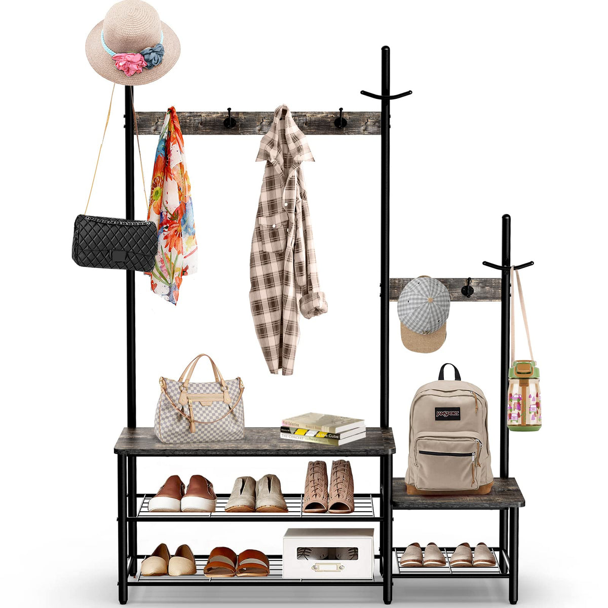Parent-Child Hall Tree Entryway Bench with Coat Rack Sturdy Shoe - Image 1