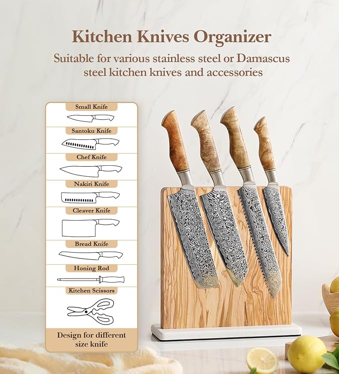 HEZHEN Double-sided Magnetic Knife Holder without Knives, Olive Wood Knife Block for Kitchen Counter, Space-saving Knife Storage, Strong Enhanced Magnets Strip, Non-slip Marble Base