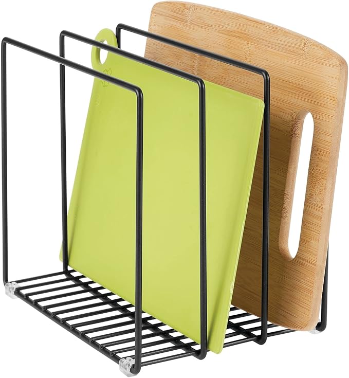 mDesign Steel Storage Tray Organizer Rack for Kitchen Cabinet - Divided Holder with 3 Slots for Skillets, Frying Pan, Pot Lids, Cutting Board, Baking Sheets - Concerto Collection - Black