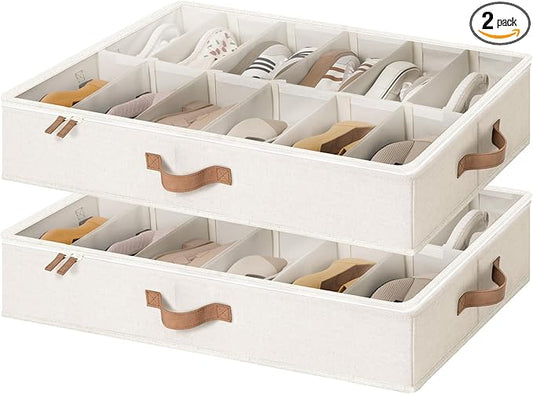 StorageWorks Shoe Organizer for Closet, Fits up to 24 Pairs, 2-Pack Ultra-thick Fabric Under Bed Shoe Storage Containers with Bottom Support and Adjustable Dividers, Beige