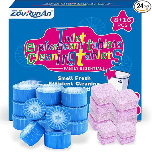 24 PACK Toilet Cleaning Tablets Set - 8 Effervescent Toilet Bowl Cleaners Tablets + 16 Blue Toilet Tank Tablets, Double-Action Formula for Stain, Water Deposit Removal