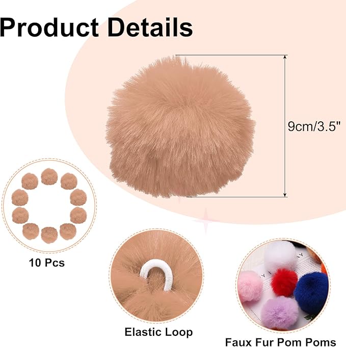 uxcell 3.5 Inch Faux Fur Pom Pom Balls, 10 Pcs Khaki Fluffy Soft Faux Fur Pom Poms for Hats with Elastic Loop for DIY Knitting Hats Keychain Scarves Gloves Bags Shoes Accessories