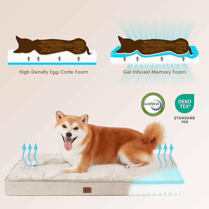 EHEYCIGA Memory Foam Dog Bed Orthopedic 41"x27"，Waterproof Pet Bed for XLarged Dogs ，Washable Pet Mat with Removable Cover, Beige