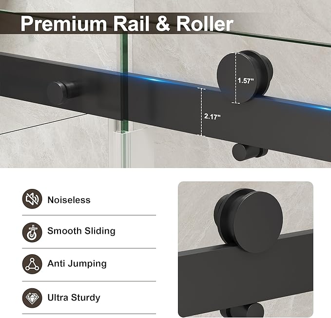 Frameless Shower Door,Single Sliding Glass Shower Door with Nano Coating & Safety Film, Adjustable 43"-48" W x 72" H, Matte Black,1/4" (6mm) SGCC Tempered Glass