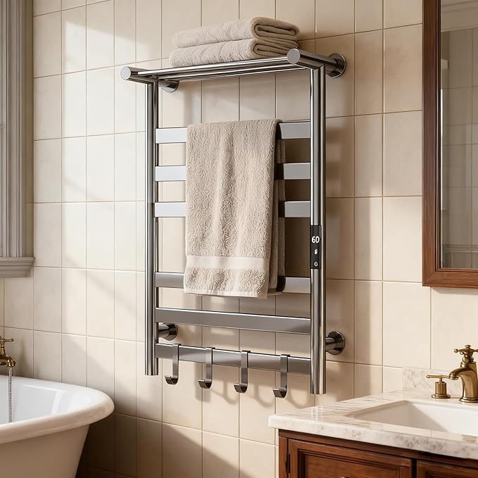 Heated Towel Rack for Bathroom, Towel Warmer Rack, Wall Mounted Wired Heated Towel Rack, with Timer and Temperature Adjustment, Overheat Protection Function, Aluminum Alloy