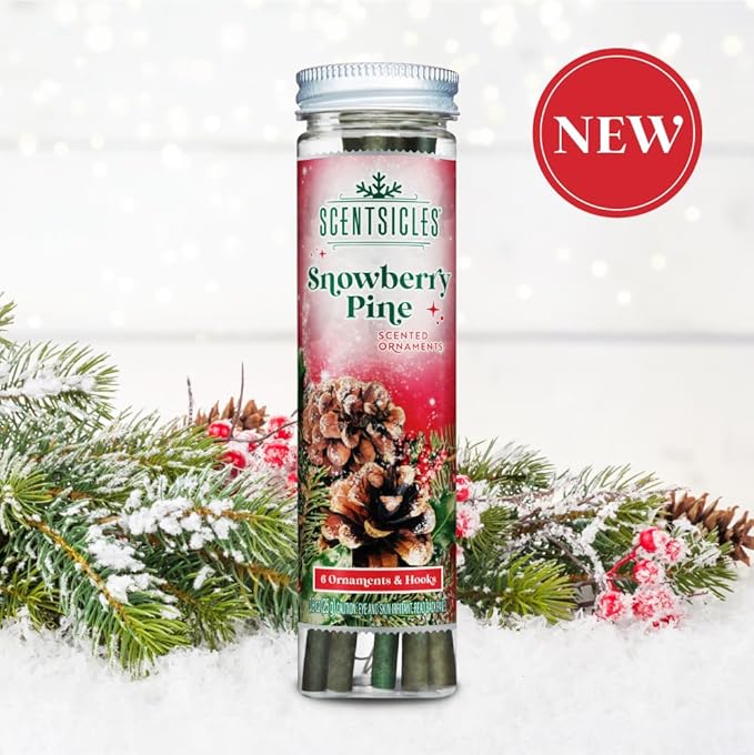 Scentsicles O Christmas Tree and Snowberry Pine Scented Christmas Ornaments with Hooks - 2 Pack (2 Bottles, 12 Sticks Total)