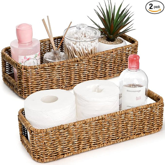 2 Pack Toilet Tank Basket, Handwoven Rectangular Wicker Shelf Baskets for Organizing, Decorative Countertop Storage Bin with Built-in Handle for Bathroom Tank Top, Bedroom Closet