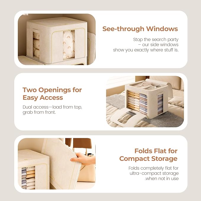 3Pack 60L Large Cloth Storage Bins with Metal Frame, Linen Storage Box with Clear Window, Stackable Sweater Storage for Closet, Clothes Containers for Comforters, Blankets, Quilts, T-shirt