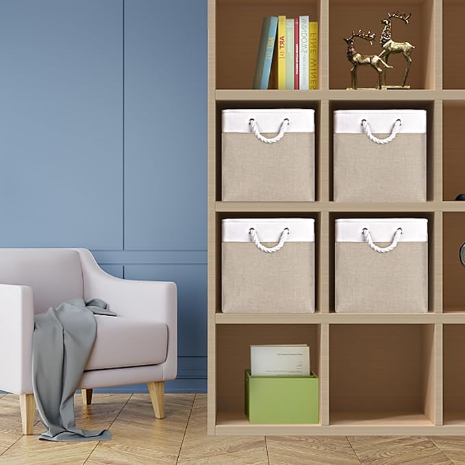 Univivi Fabric Storage Cubes 12 inch Cube Storage Bins with Rope Handles, Storage Baskets Cubes Organizer for Home Shelf Closet (White&Beige Brown , 4-Pack)
