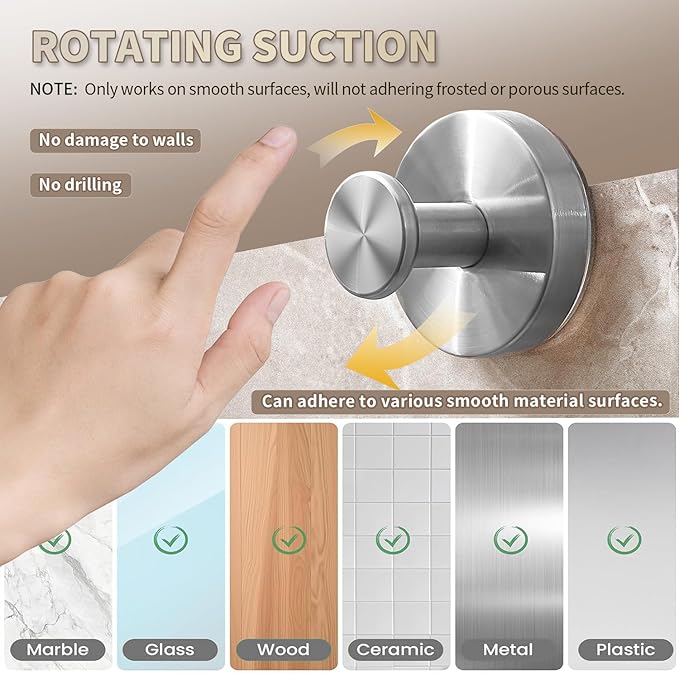 Suction Cup Hooks for Wreaths on Glass. 2026 Upgraded Drill-Free Suction Cup Hooks for Shower, Mirror, Wall, Hanging Towels (Brushed Silver, 2 Pieces)