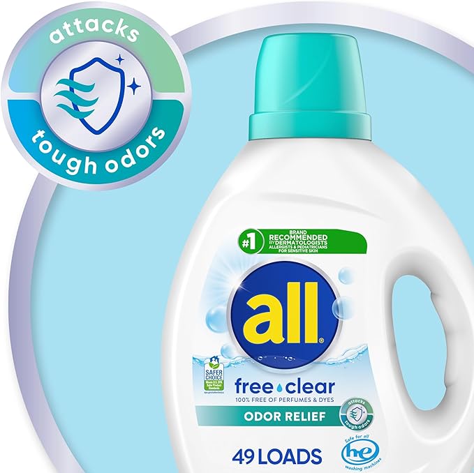 all Liquid Laundry Detergent, Free Clear, Odor Relief, 73 Fluid Ounces, 49 Loads