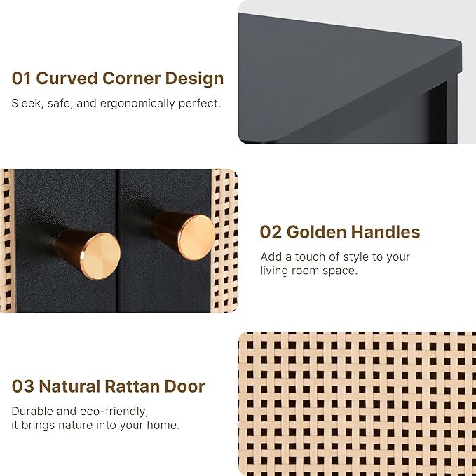 2 PCS Rattan Sideboard Buffet Cabinet 2 Door Boho Kitchen Storage Cabinet Accent Console for Living Room, Hallway, Kitchen, Sideboard, Buffet Table Black