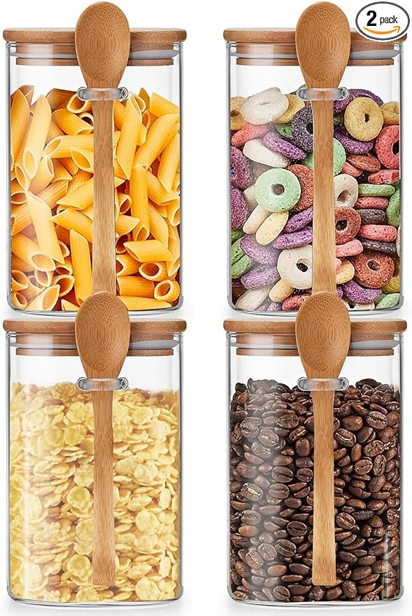 Unbreakable Glass Jars with Airtight Bamboo Lid and Spoon, 4Pcs 49OZ Glass Kitchen Canisters, Overnight Oats Containers, Glass Food Storage Containers for Coffee Beans, Flour, Sugar, Cookie,Pasta
