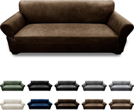 Couch Cover Leather Look 3 Seater Couch Sofa Cover 1-Piece Sofa Slipcover Stretch Furniture Protector with Elastic Bottom & Pockets(Sofa, Dark Brown)