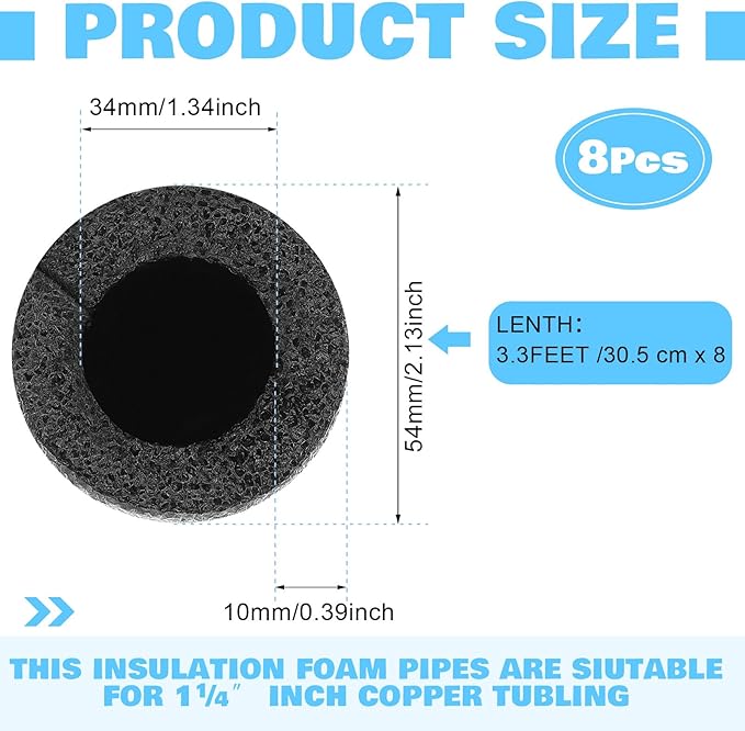 Amylove 8 Pcs 1 Feet Foam Pipe Insulation Foam Tube Insulating Water Pipe Pool Swim Noodles Pre Slit Heat Preservation Pipes Covers for Tubing Outdoor Winter Freeze Protection(Black, 1-1/4 Inch)